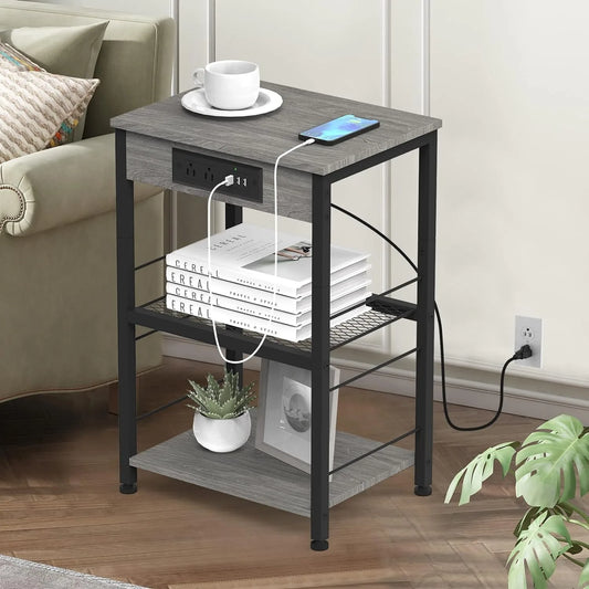 Bedside Table with Charging Station – 3-Tier Nightstand with USB Ports & Power Outlets, Side Table with Storage Rack for Bedroom & Living Room