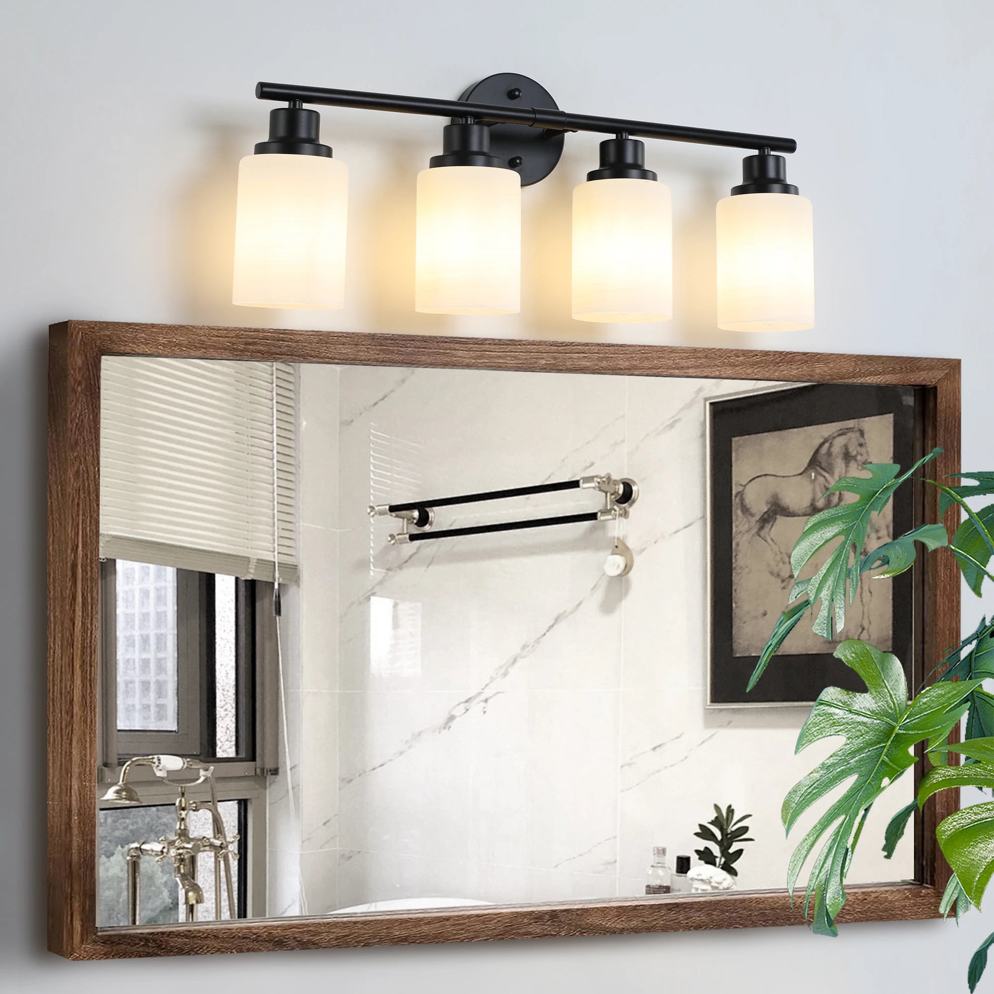 Modern Vanity Bathroom Mirror Light – 4/5/6 Lights, Frosted White Glass Lampshades with Black Iron Frame Contemporary Wall Sconce