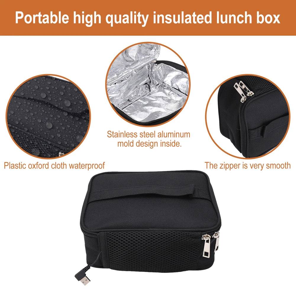 Portable Electric Heated Lunch Box 2.7 L – USB Heated Oxford Fabric Insulated Lunch Bag for Auto, Camping & Travel