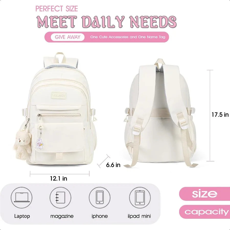 Girls Aesthetic Backpack for School & College – Cute Beige Bookbag with Accessories