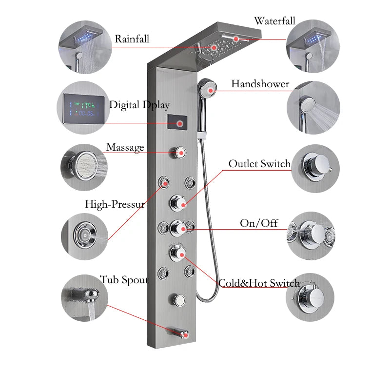 LED Light Rainfall Shower Panel System – Thermostatic Mixer Tap with Massage Jets & Digital Temperature Screen