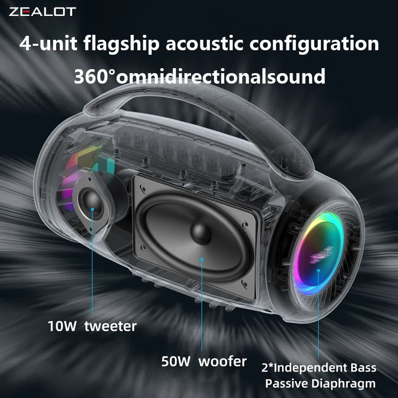 Zealot P12 60 W Wireless Outdoor Speaker – Dual-Pairing Subwoofer with 8,000mAh Battery for Home, Car & Travel