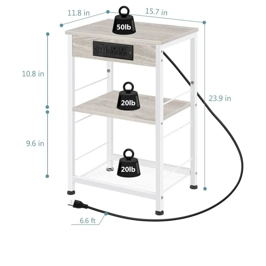Bedside Table with Charging Station – 3-Tier Nightstand with USB Ports & Power Outlets, Side Table with Storage Rack for Bedroom & Living Room