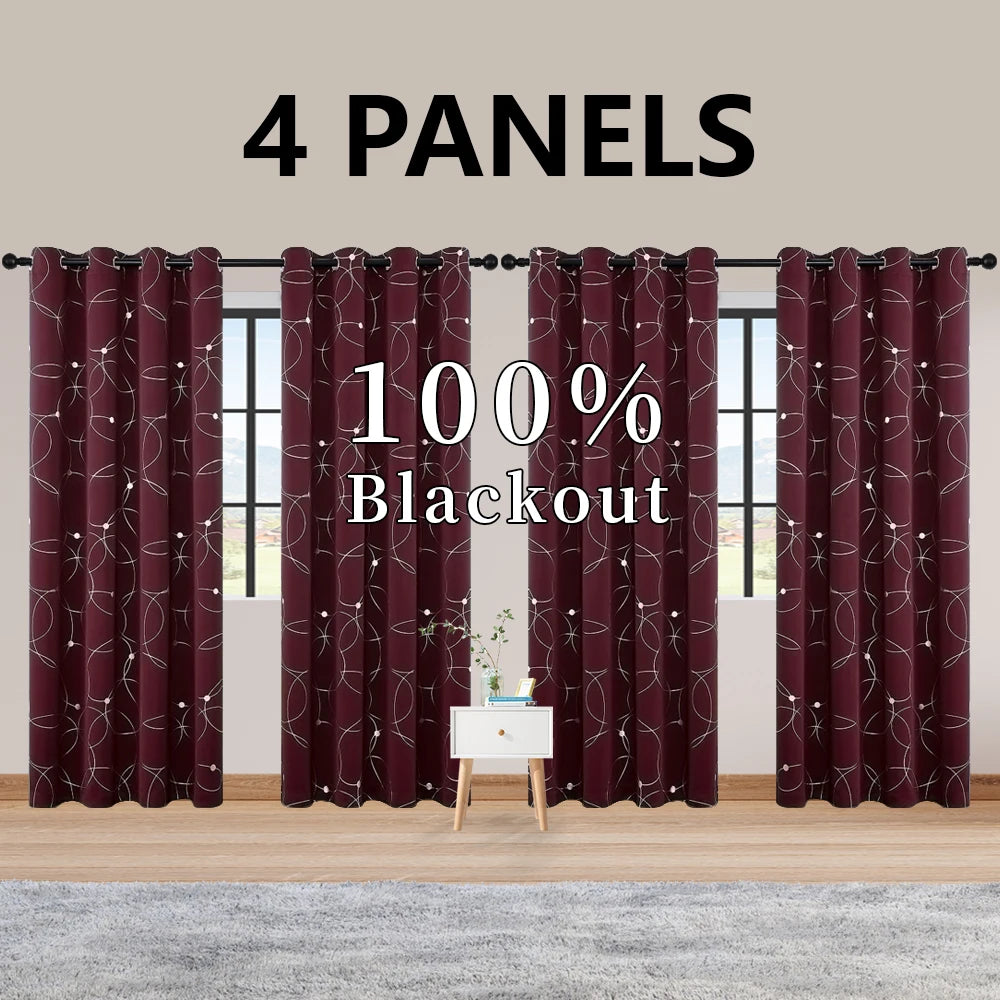 Foil-Printed Thermal Insulated Blackout Curtains – Grommet Top, Room Darkening for Bedroom (Set of 4)
