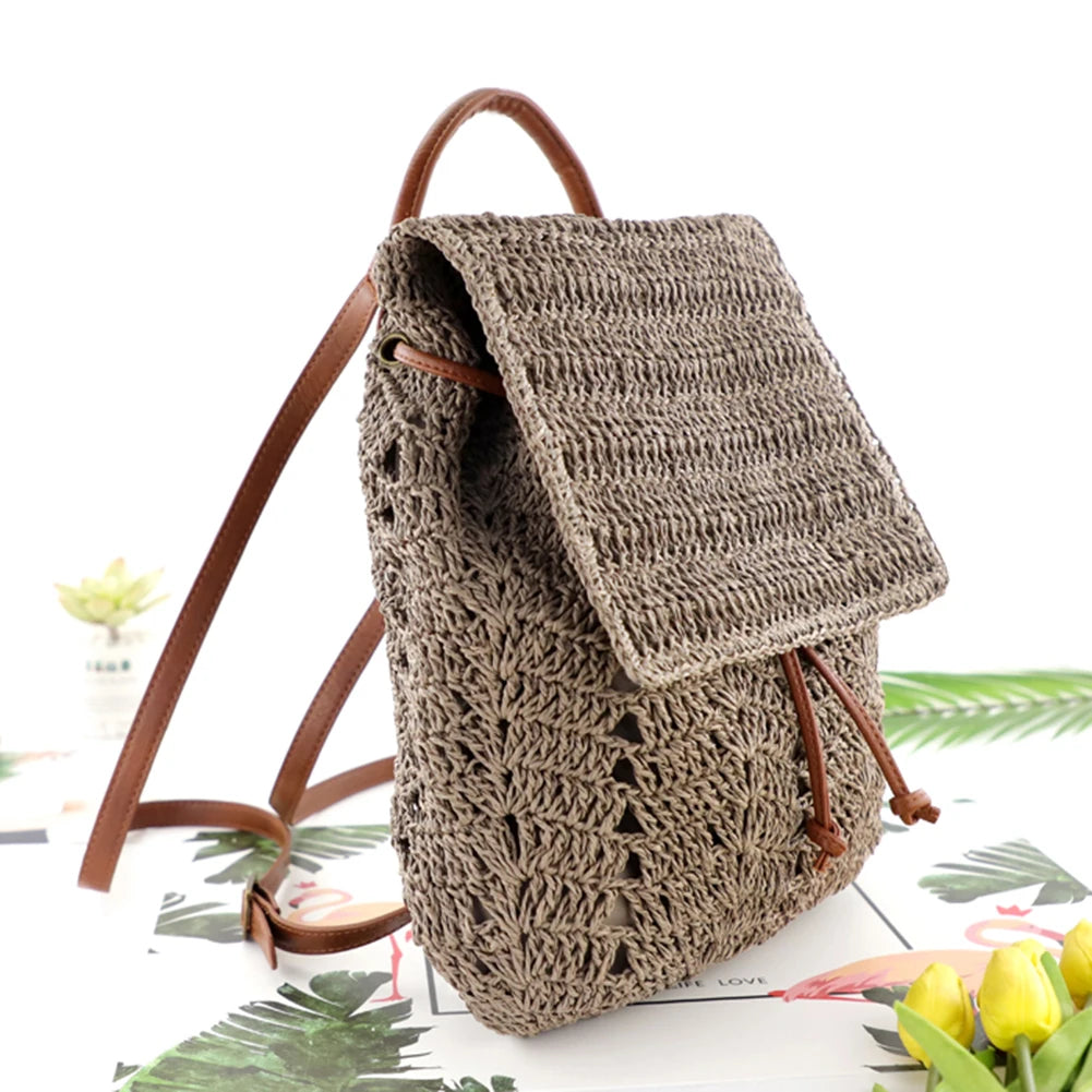 Handmade Woven Straw Shoulder Backpack for Women – Casual Beach Top Handle Bag
