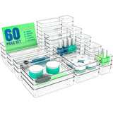 60-Piece Clear Plastic Drawer Organizer Tray Set – Multi-Size Storage Bins for Bathroom, Office & Cabinet