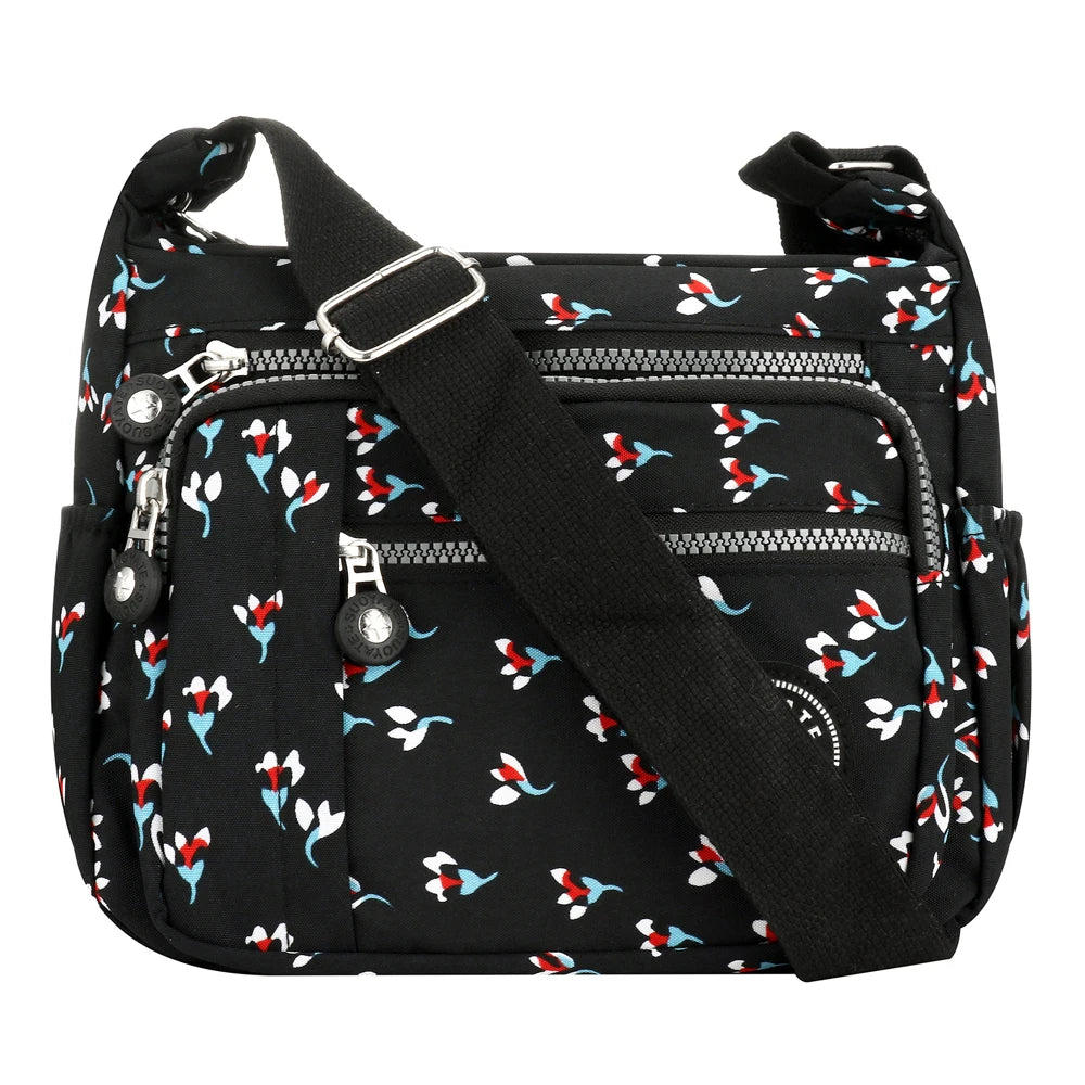 Women’s Waterproof Nylon Floral Multi-Pocket Crossbody Bag – Casual Shoulder Messenger Bag