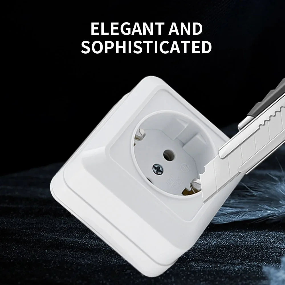White Wall Mount EU Standard Power Socket – Vintage Style Electrical Outlet with Grounding, Flame-Retardant Plastic Surface Plug for Home & Office