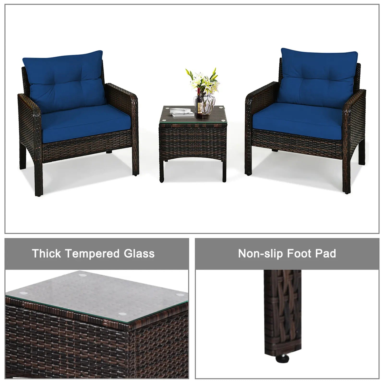 “3-Piece Rattan Patio Conversation Set – Outdoor Chairs & Table with Navy Cushions for Yard, Garden & Balcony”