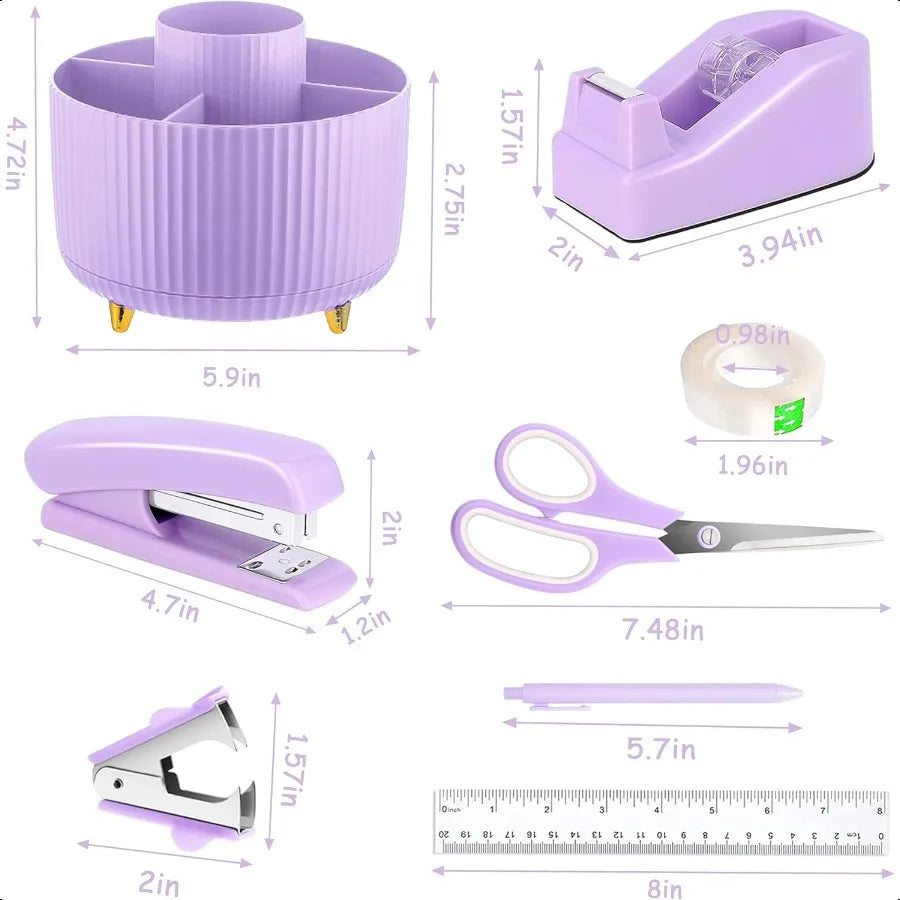 Purple Desk Accessories Set – 360° Pen Holder & Tape Dispenser with Stapler