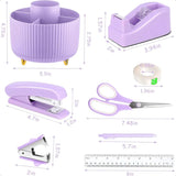 Purple Desk Accessories Set – 360° Pen Holder & Tape Dispenser with Stapler