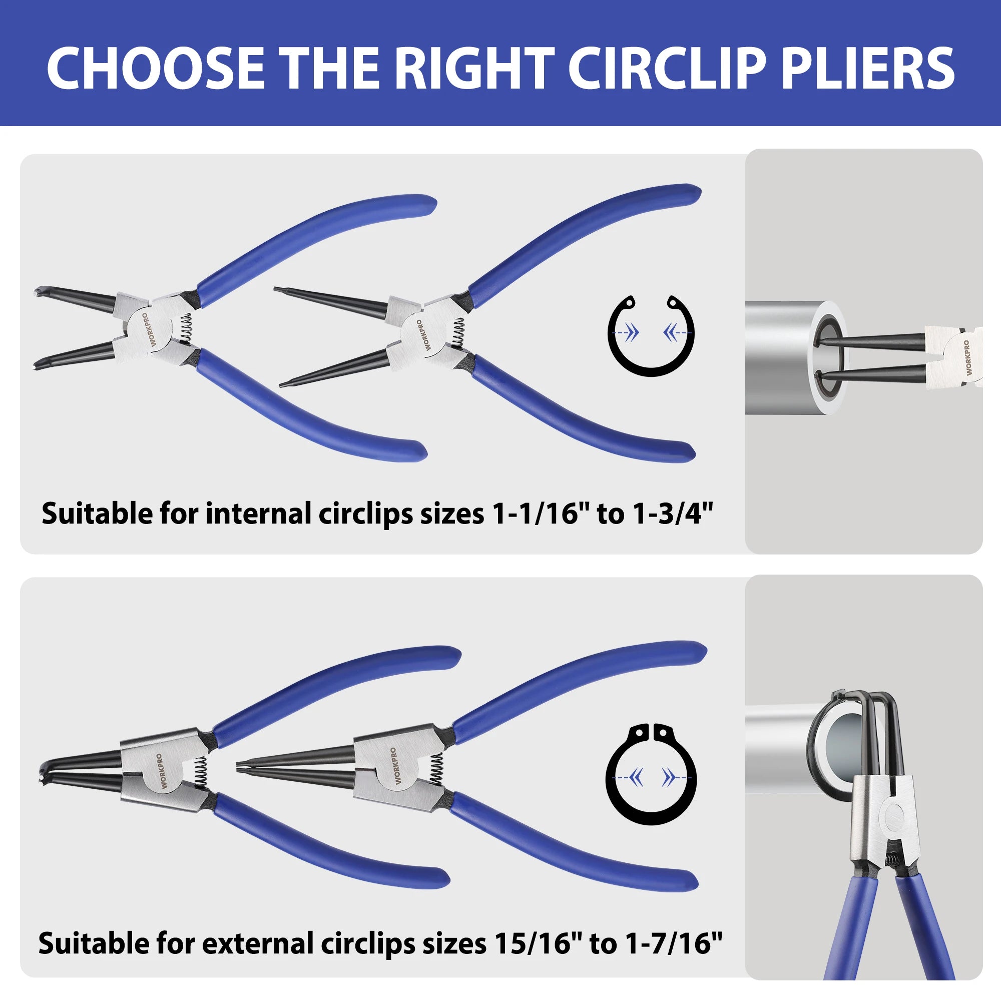 WORKPRO 4-Piece Snap Ring Pliers Set – 7" Internal & External Circlip Kit with Straight & Bent Jaw