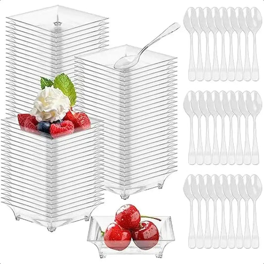 100 Set Mini Disposable Dessert Plates with Tasting Spoons – Clear Plastic Tray for Sauces, Dessert, Fruit & Appetizers
