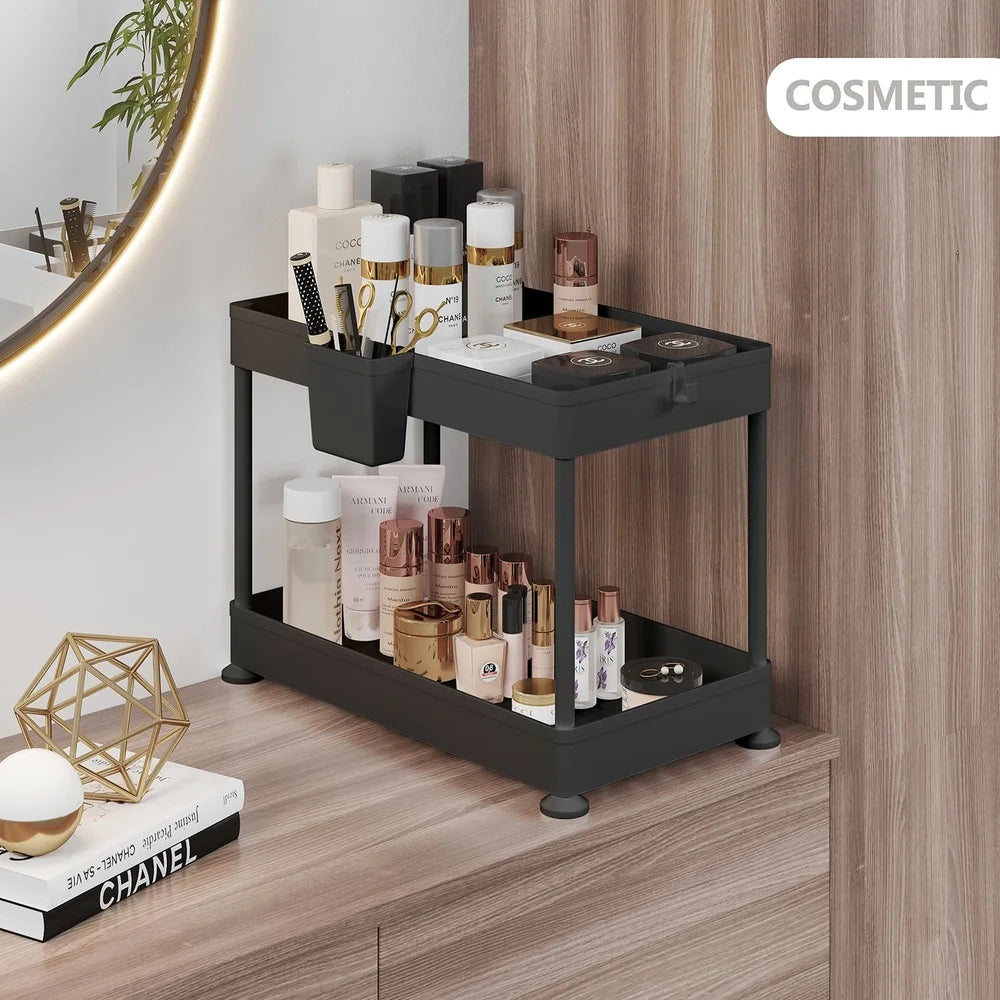 2-Tier Under-Sink Organizer Cabinet Storage – Pull-Out Shelf with Utility Hooks & Side Caddy