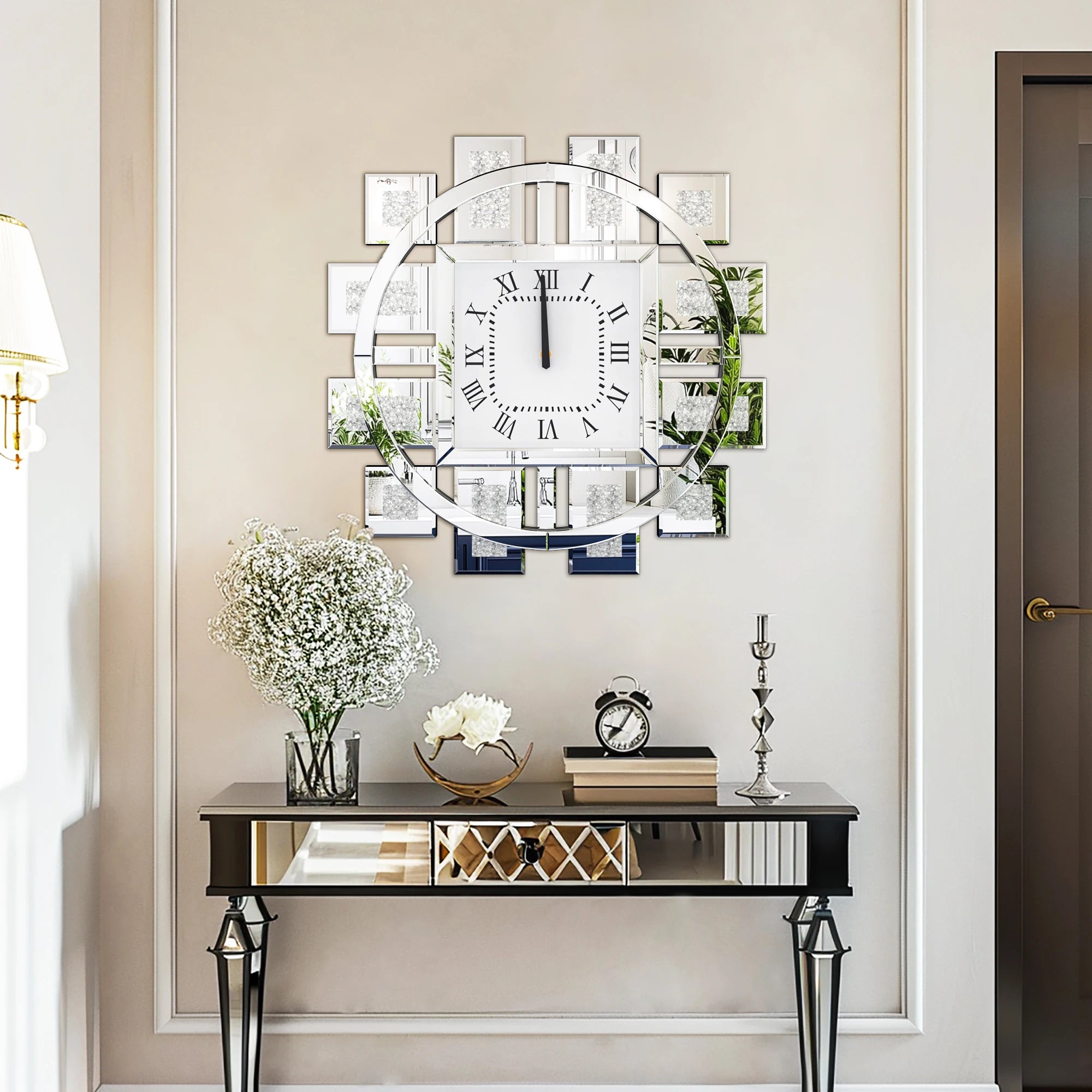 Irregular Large Diamond Mirrored Wall Clock – Luxury Sparkle Bling Quartz Clock with Roman Numerals for Living Room Décor