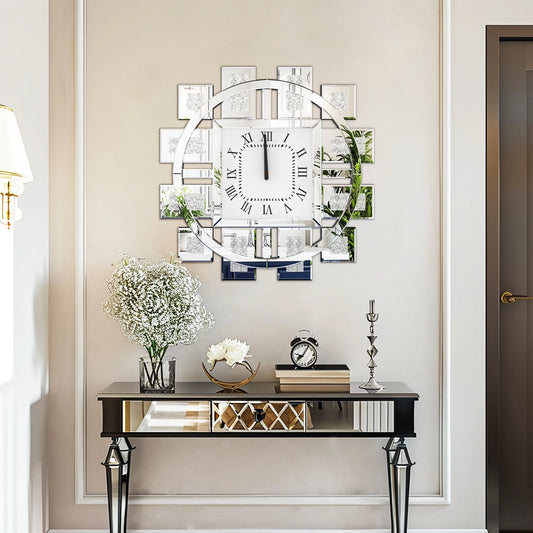 Irregular Large Diamond Mirrored Wall Clock – Luxury Sparkle Bling Quartz Clock with Roman Numerals for Living Room Décor