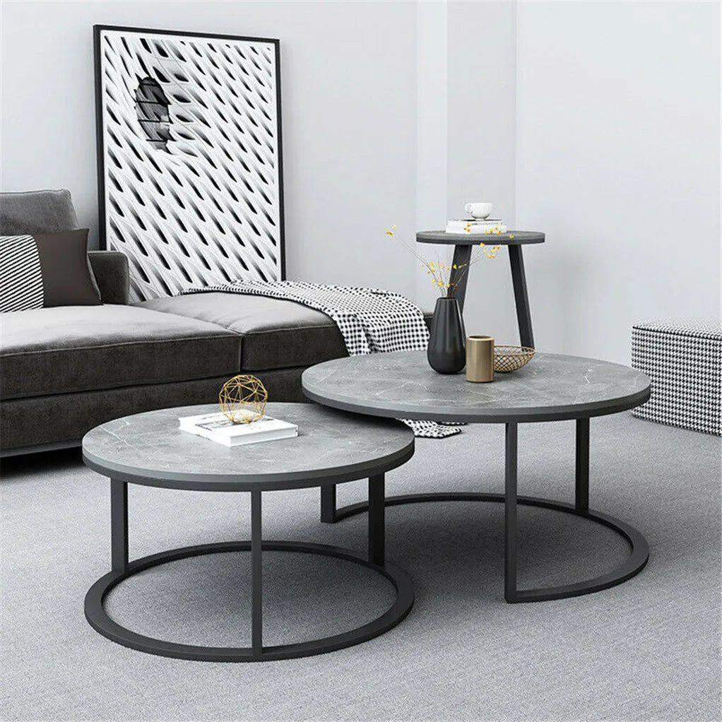 Set of 2 Real Marble Round Nesting Coffee Tables – Grey Accent Side Tables with Metal Legs & Waterproof Surface ☕⚪