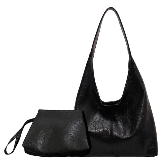 Women’s Soft Under-Arm & Handbag Set – 2-Piece Shoulder Bag + Clutch in Solid Colour