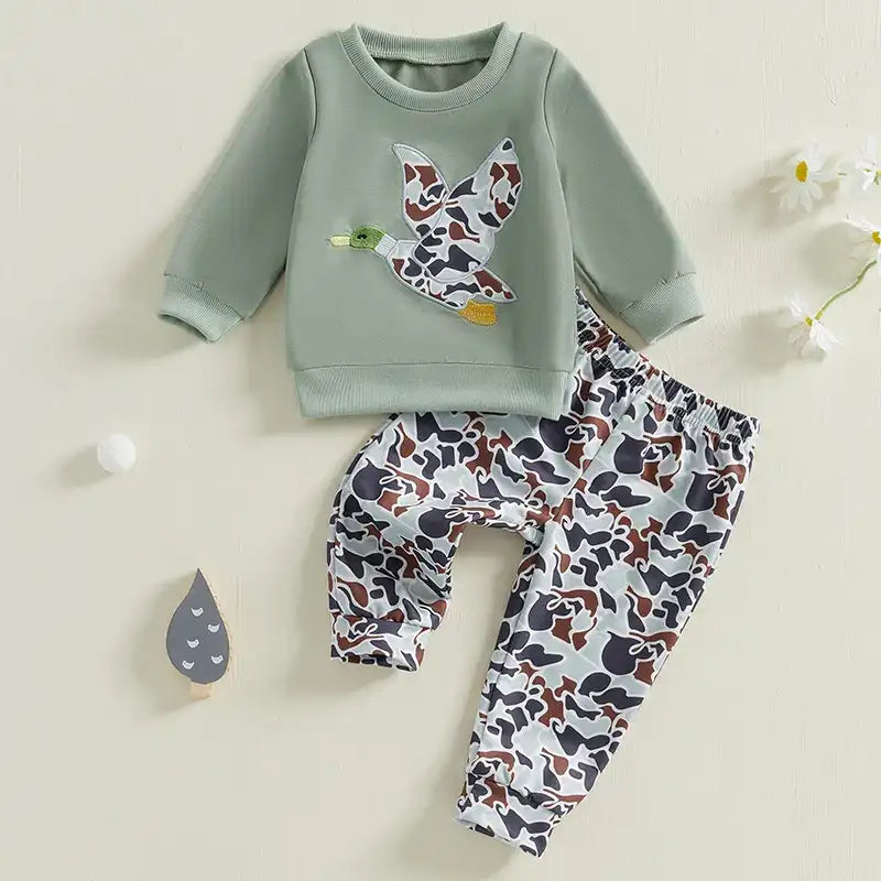 Spring Duck Embroidery Pullover & Camouflage Pants 2-Piece Outfit Set for Baby Boys