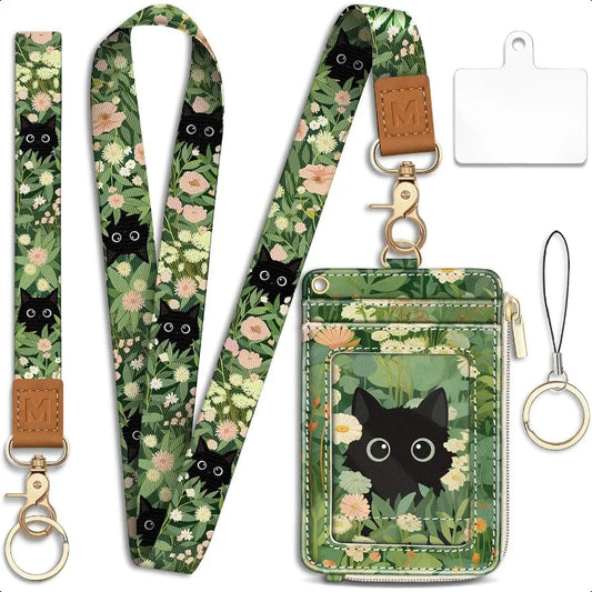 Floral Cat Lanyard Wallet – RFID Small Keychain Wristlet with ID Badge Holder & Zippered Card Storage