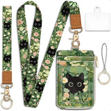 Floral Cat Lanyard Wallet – RFID Small Keychain Wristlet with ID Badge Holder & Zippered Card Storage