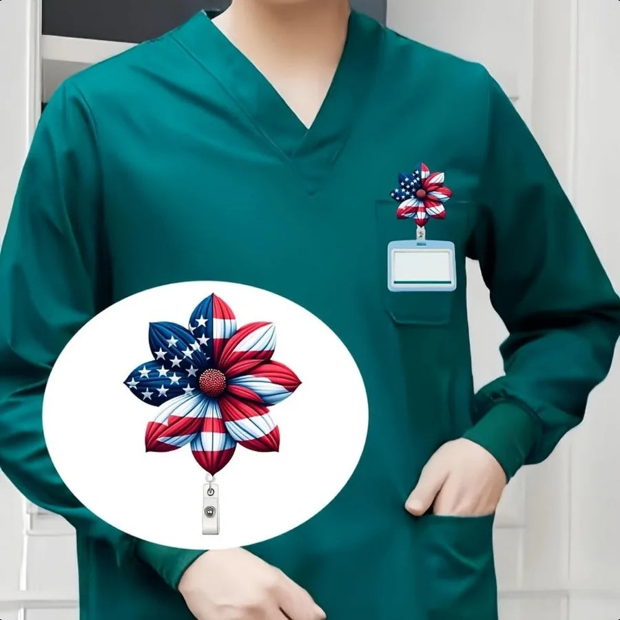 🇺🇸 4th of July Flower Badge Holder – Patriotic Retractable Badge Reel with Acrylic Design & Alligator Clip for ID Cards