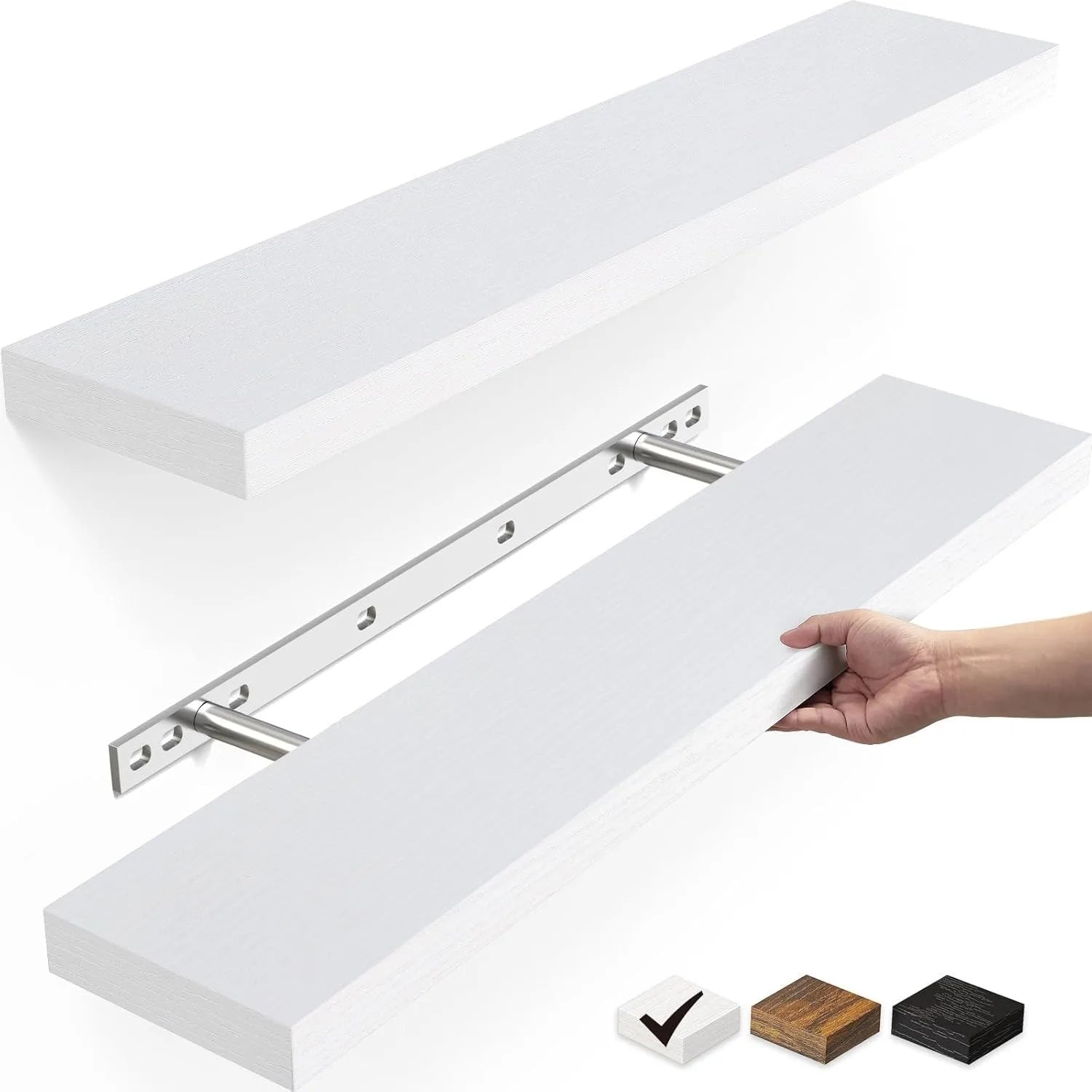 Set of 2 Floating Wall Shelves – Rustic Wood & White Finish for Bathroom, Bedroom, Kitchen & Office
