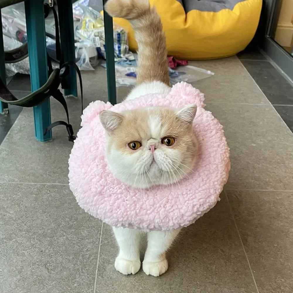 Cute Cartoon Cat Recovery Collar – Adjustable Plush Protective Cone, Anti-Bite & Comfortable Neck Guard for Pets