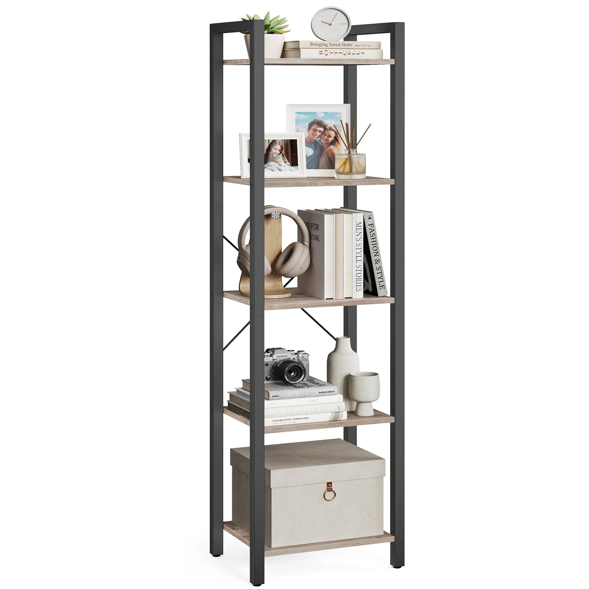 📚 VASAGLE 5-Tier Tall Bookshelf – Narrow Skinny Bookcase with Steel Frame for Living Room, Home Office & Study
