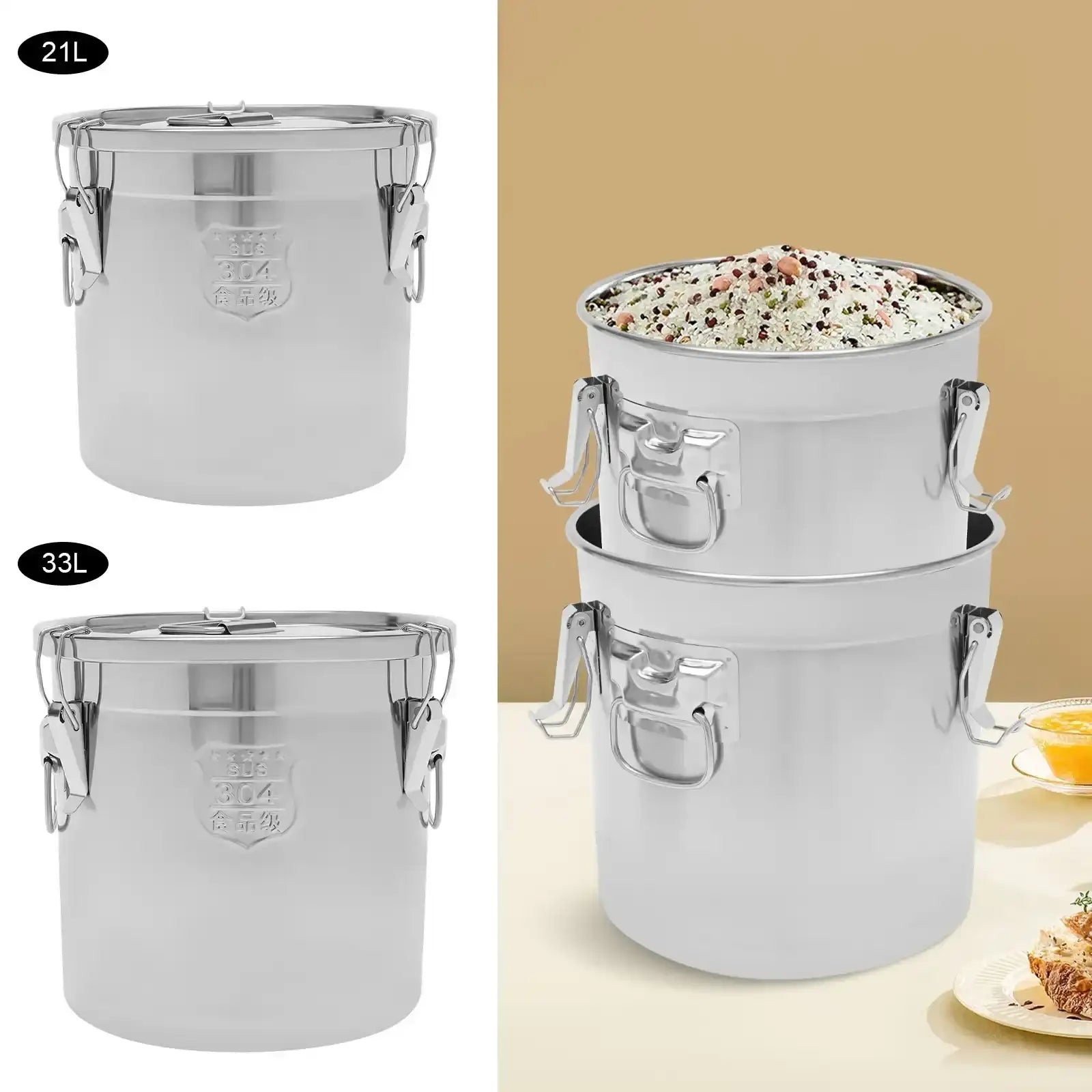 21 L Stainless Steel Large Capacity Food Storage Bin – Airtight Rice & Grain Container with Silicone Seal & Lock Clips