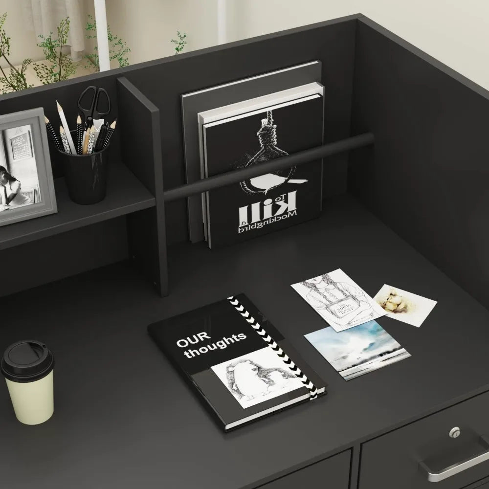 🪑 Modern Reception Desk – Wooden Computer Desk with 3 Drawers, 1-Door Storage Cabinet & Hutch Shelf for Office & Study