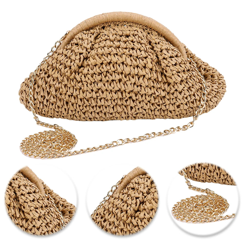 Women Straw Woven Bag with Chain Strap – Large Capacity Fashion Shoulder Satchel for Party & Vacation