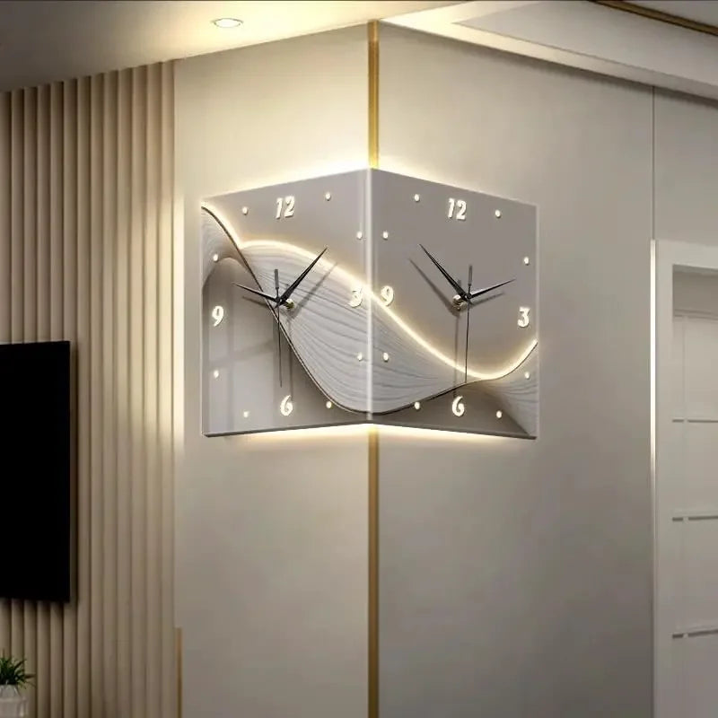 Luxury LED Corner Wall Clock with Light – Double-Sided Luminous Sensor Clock with Numeral Scale & Gold Modern Design