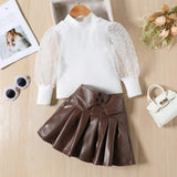 Girls Mesh Puff-Sleeve Turtleneck Top & PU Leather Pleated Skirt 2-Piece Set (Ages 1-6Y)