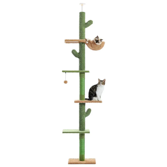 5-Tier Floor-to-Ceiling Cat Tree Tower – Tall Cactus Design with Scratching Posts, Hammock & Play Ball for Indoor Cats”