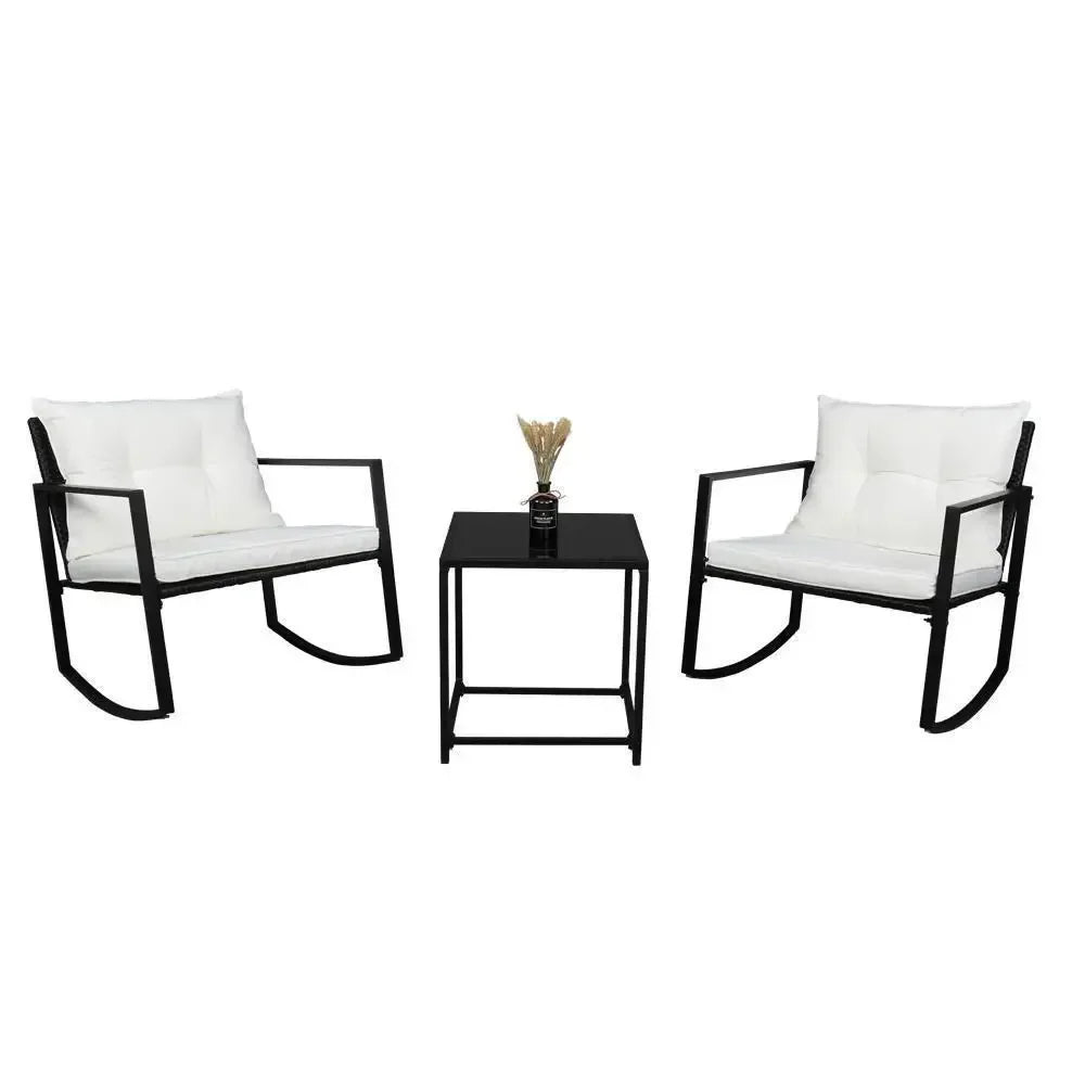 “3-Piece Outdoor Wicker Rocking Chair Set with Cushions & Side Table – Rattan Patio Furniture for Porch & Garden”