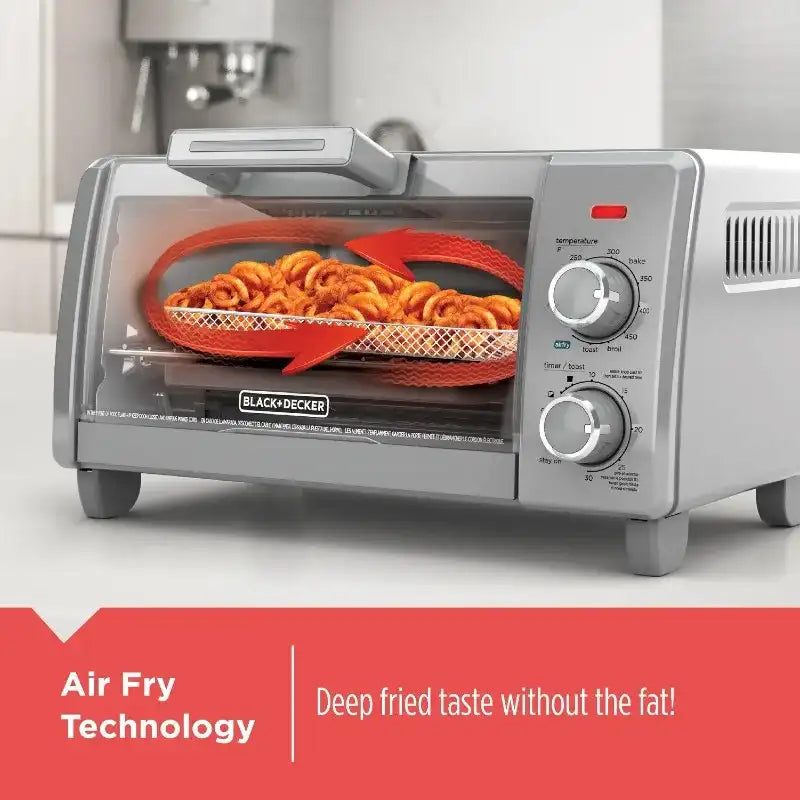 BLACK+DECKER 4-Slice Toaster Oven – Silver Compact Countertop Oven with Bake, Broil, Toast & Keep Warm Functions (TO1700SG)