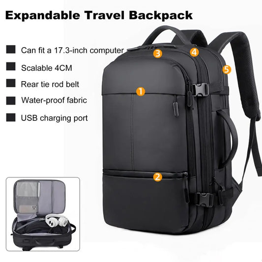 Expandable Men’s Laptop Backpack – Large Capacity Business & Travel School Backpack with USB Charging Port
