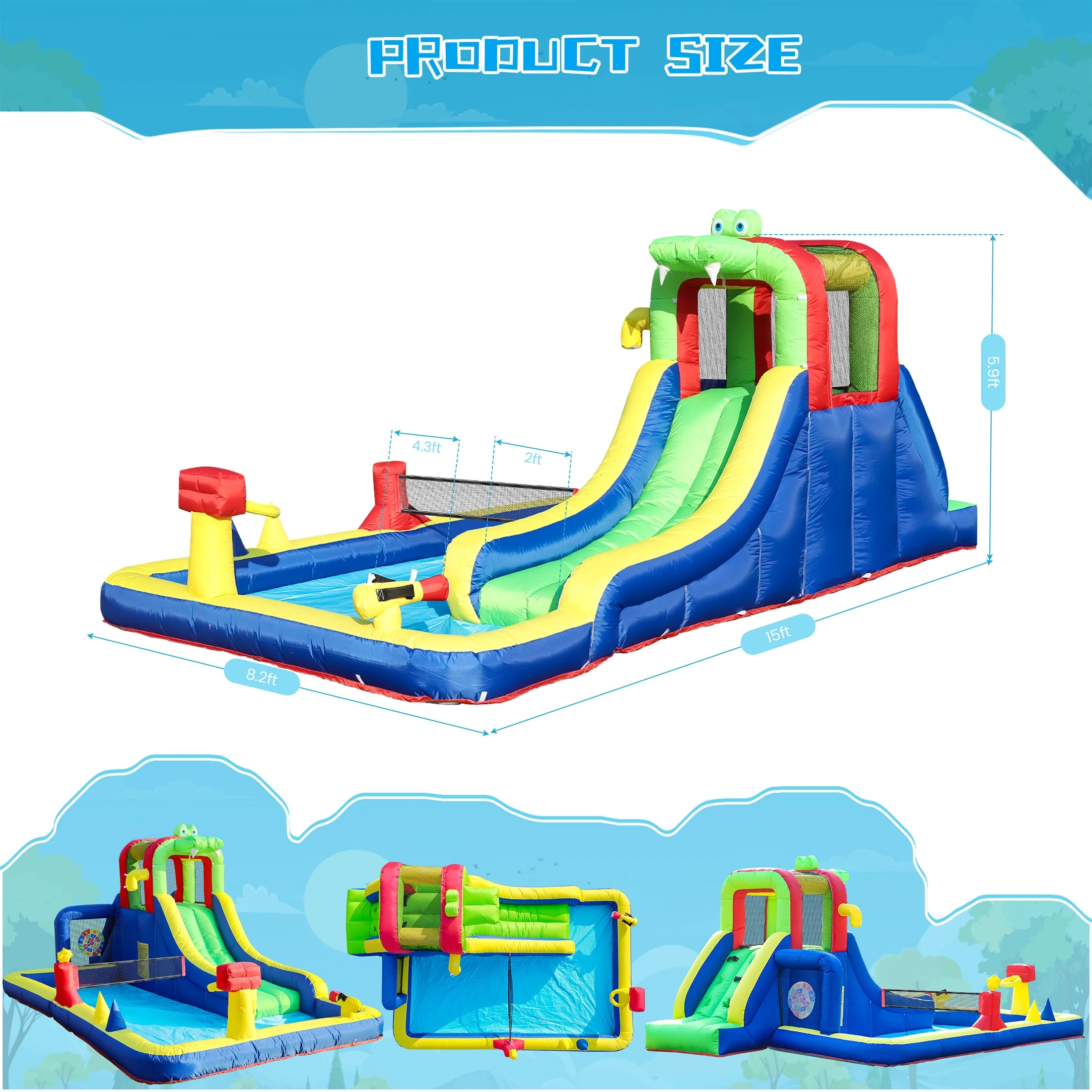 8-in-1 Crocodile Inflatable Water Slide Park – Backyard Wet & Dry Adventure for Kids
