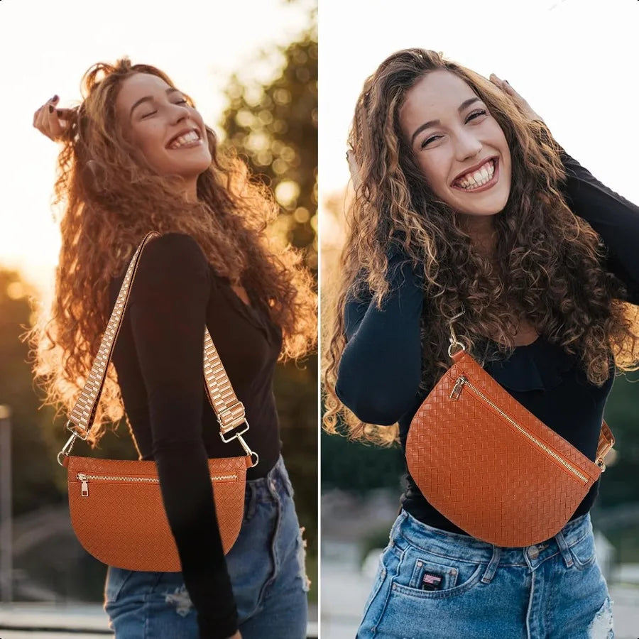 Women’s Woven Crossbody Sling Bag – PU Leather Belt Fanny Pack, Chest & Shoulder Bum Bag for Travel, Casual & Daily Wear