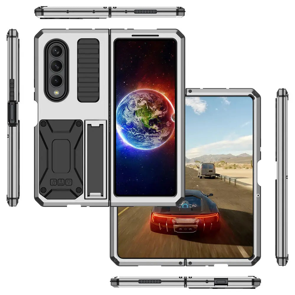 Heavy Duty Armor Metal Aluminum Case – Shockproof Military Stand Cover with Screen Protector for Samsung Z Fold 4