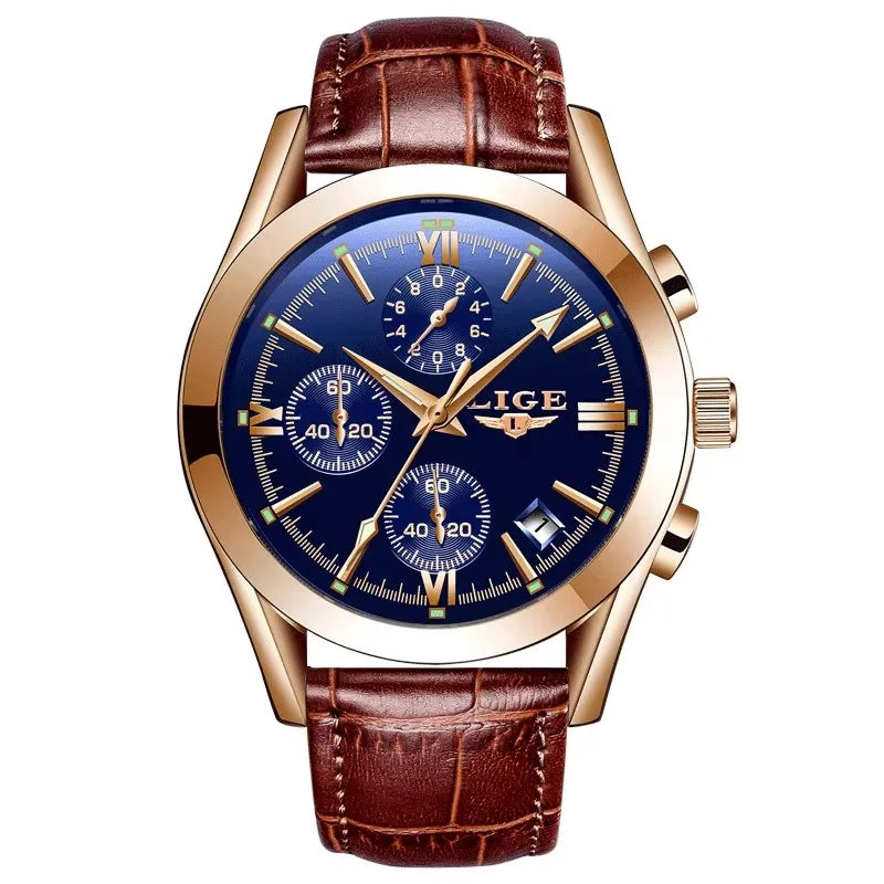 LIGE Men’s Luxury Waterproof Sport Watch – Luminous Quartz Military Leather Chronograph with Date Display