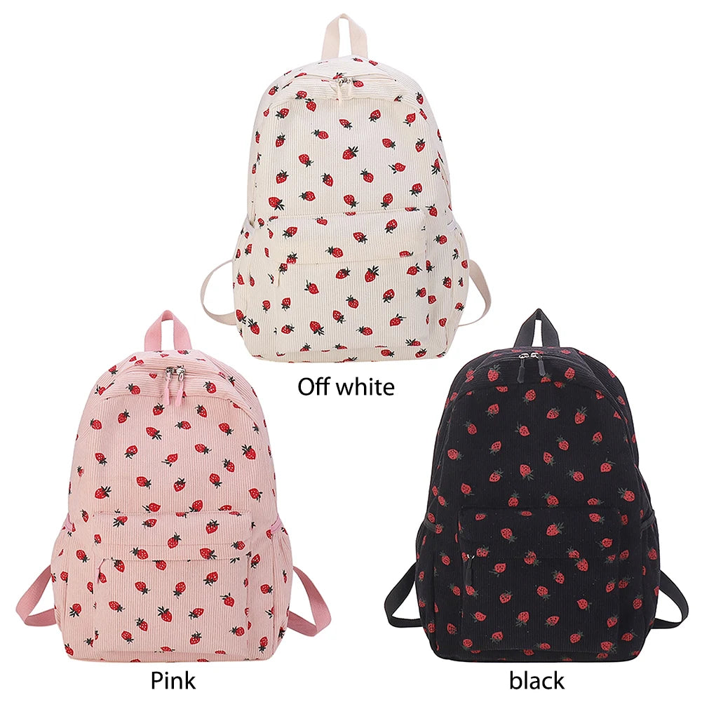 Corduroy Strawberry Backpack – Large-Capacity Student School Bag | Cute Teen Girls Daypack with Adjustable Straps