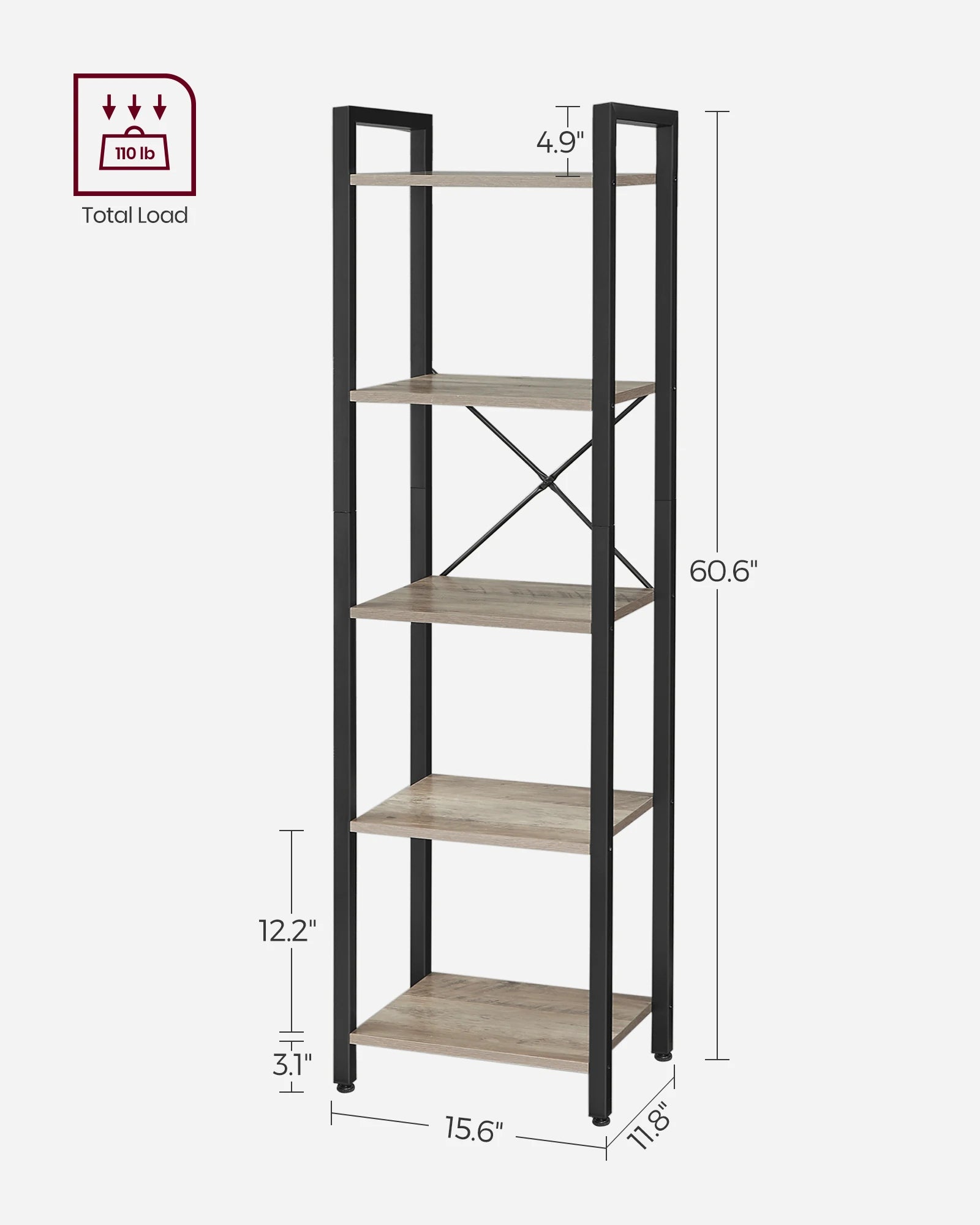 📚 VASAGLE 5-Tier Tall Bookshelf – Narrow Skinny Bookcase with Steel Frame for Living Room, Home Office & Study