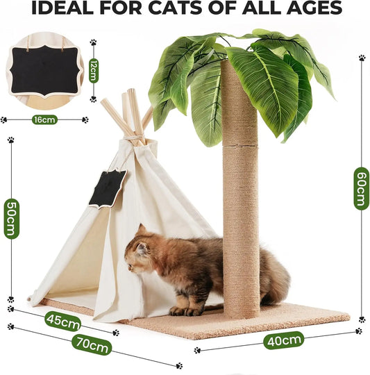 Mewoofun Cat Scratching Post Teepee – 60CM Tall Cat Tree with Simulated Leaves, Pet Bed Tent & Indoor Play House for Cats