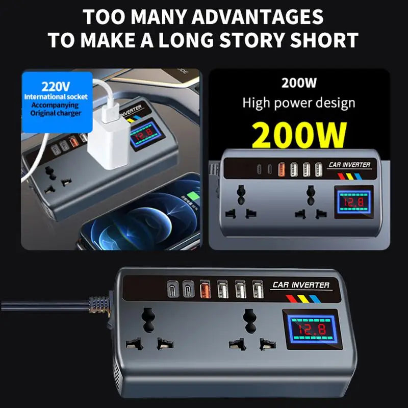 Car Power Inverter 12V/24V to 220V – Portable Automotive Charger with 9 Ports (3 USB QC3.0 + 2 Type-C PD + AC Outlet)