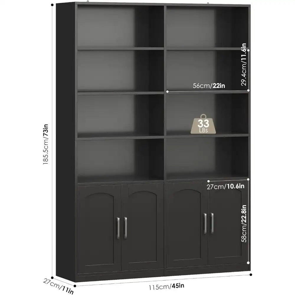 6-Tier Double-Wide Bookshelf & Bookcase with Doors – Large 73″ Tall Open Display Shelves + Storage Cabinets