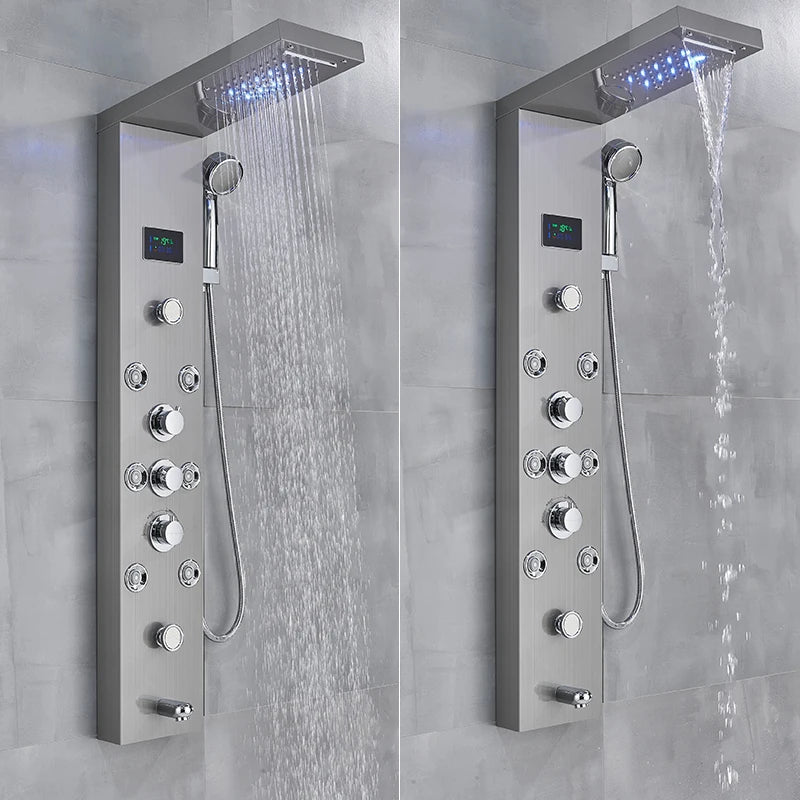 LED Light Rainfall Shower Panel System – Thermostatic Mixer Tap with Massage Jets & Digital Temperature Screen