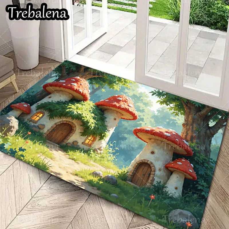 Welcome Door Mat – Mushroom House Charm Print Doormat for Indoor & Outdoor Entryway