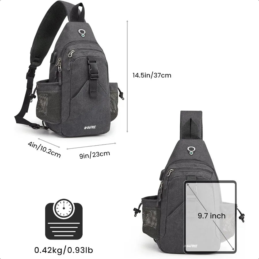 Canvas Sling Backpack – Crossbody Daypack with USB Charging Port & RFID Protection